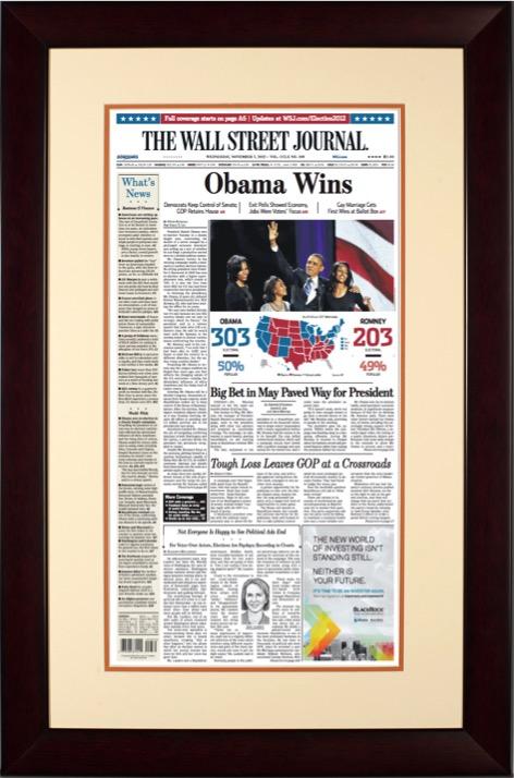 Obama Wins / Election 2012 | The Wall Street Journal Framed Reprint, November 7, 2012