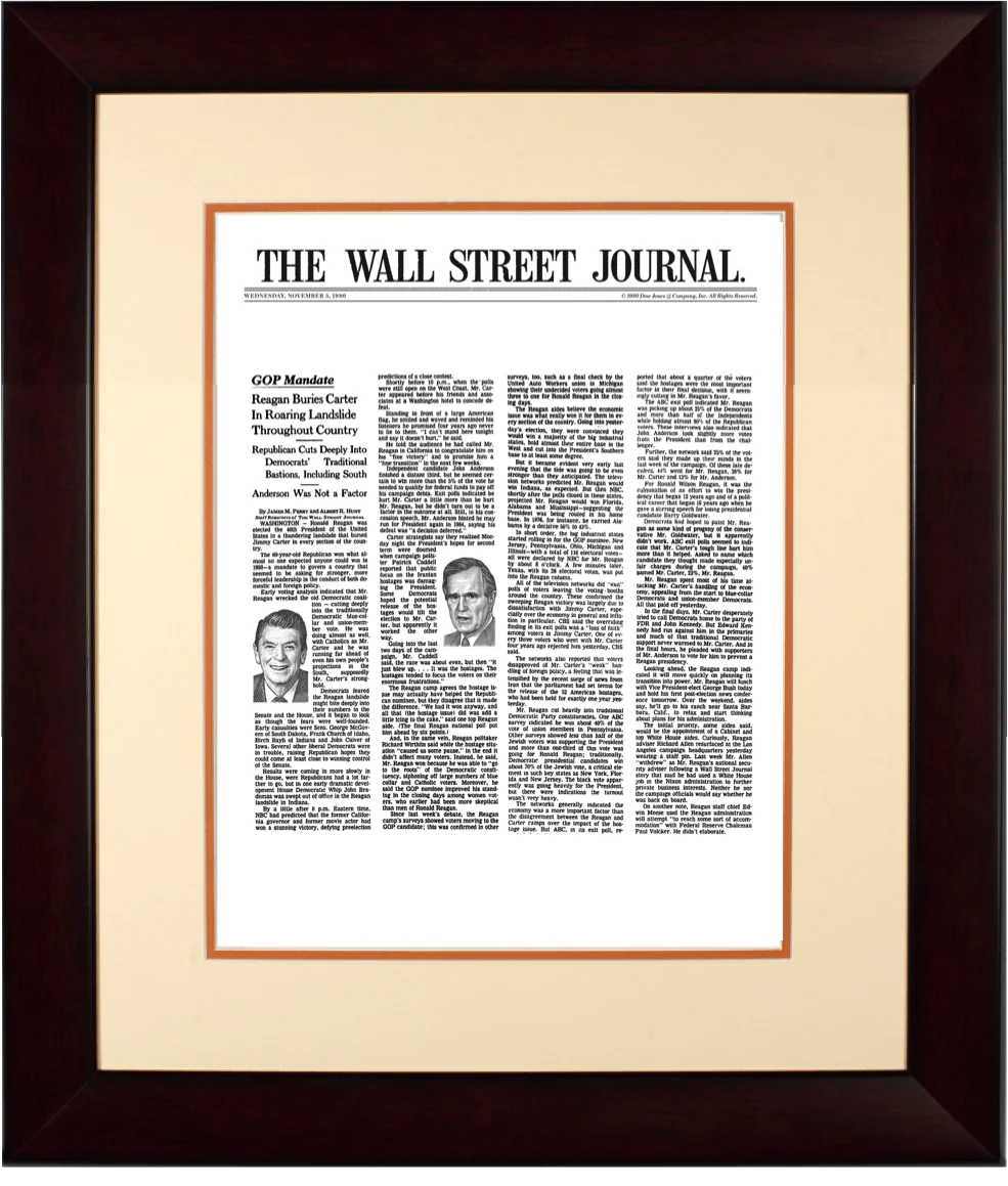 Reagan Defeats Carter | The Wall Street Journal, Framed Article Reprint, Nov. 5, 1980