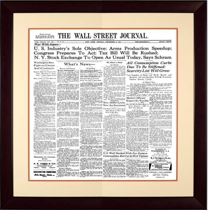 War with Japan | The Wall Street Journal Framed Reprint, December 8, 1941