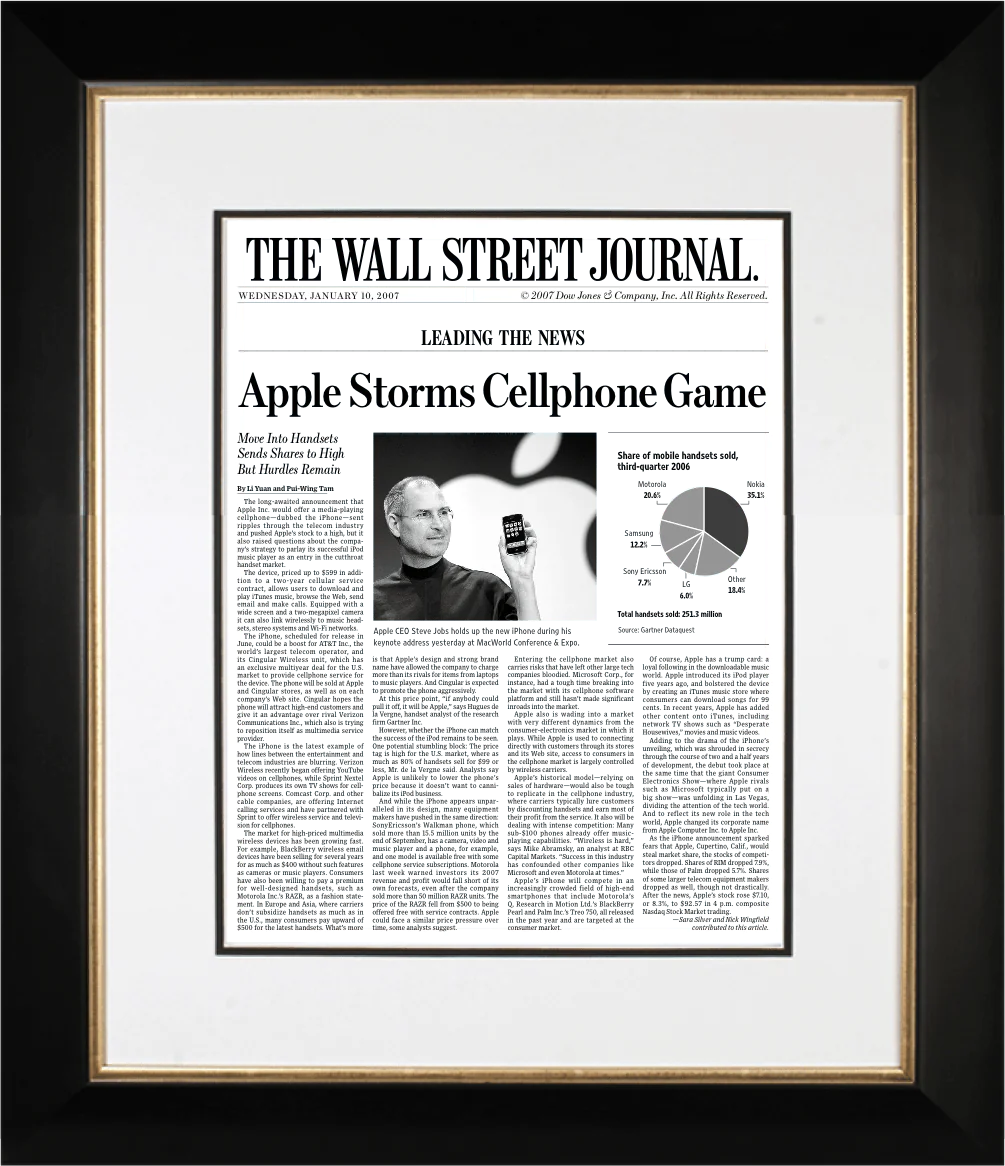 First iPhone Launch | The Wall Street Journal, Framed Article Reprint, Jan. 10, 2007