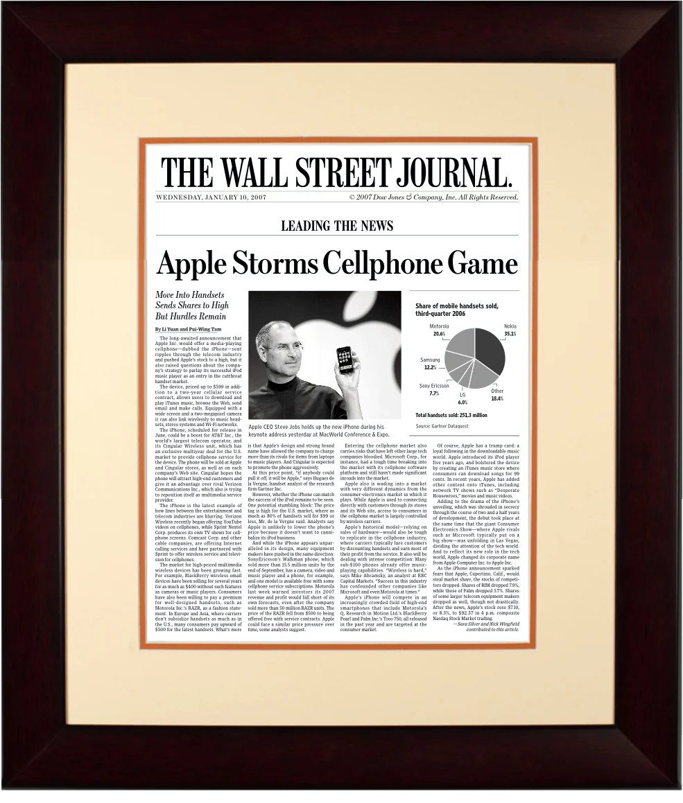 First iPhone Launch | The Wall Street Journal, Framed Article Reprint, Jan. 10, 2007
